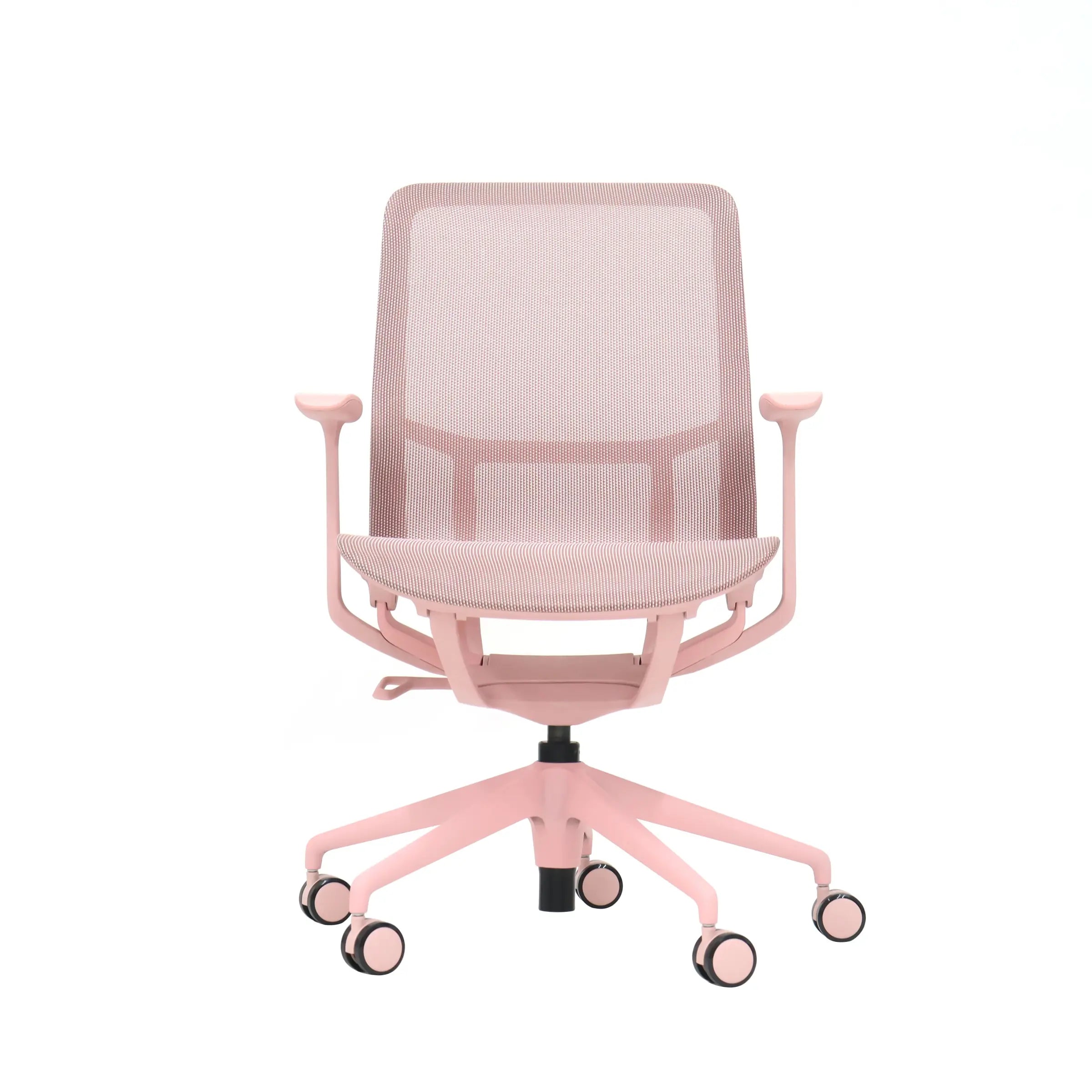 Lumina F5 ergonomic chair front view showing the Spanish architectural lines in Maka Pink.