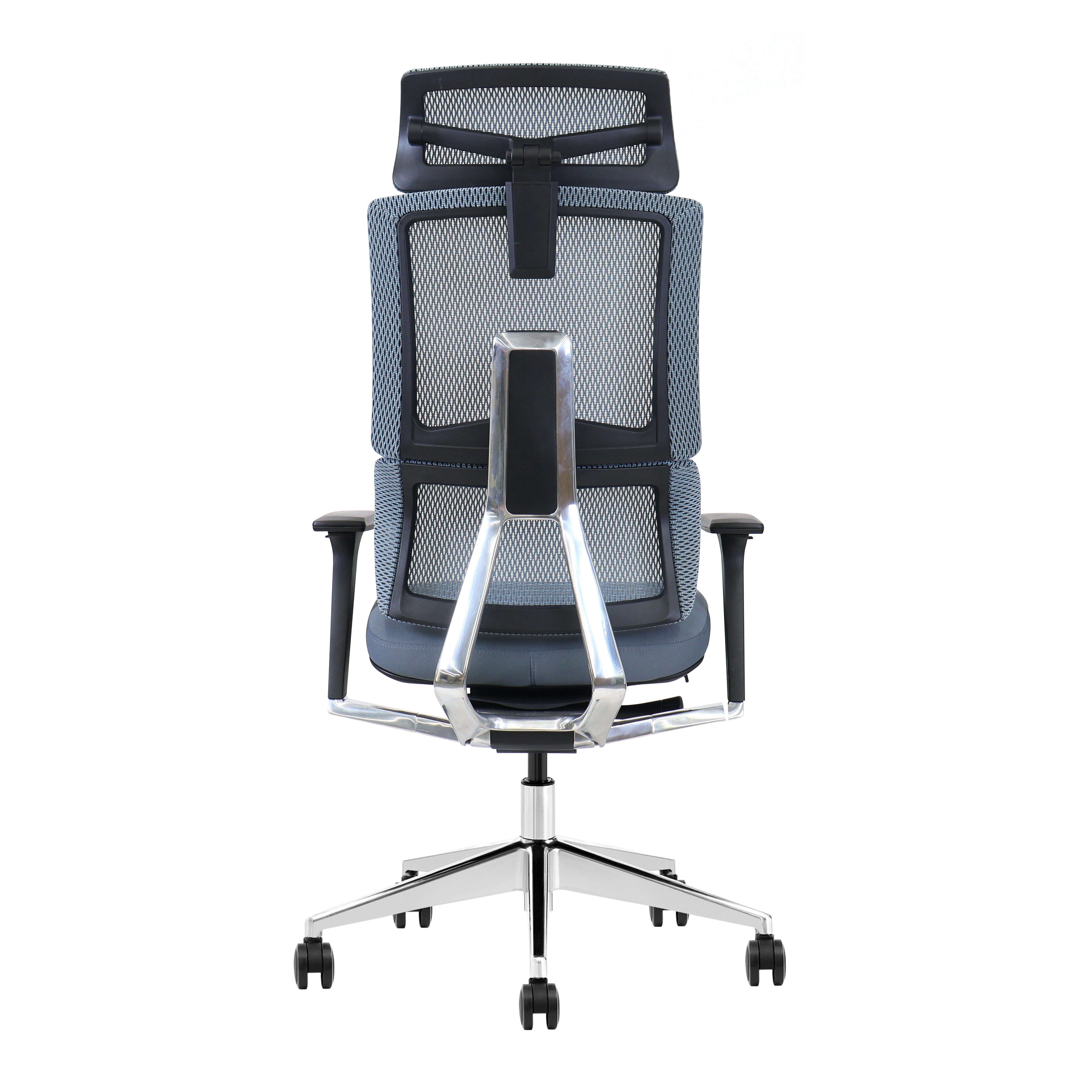 Rear view of AuraErgo X6 showing the Eiffel-style aluminum alloy backrest structure