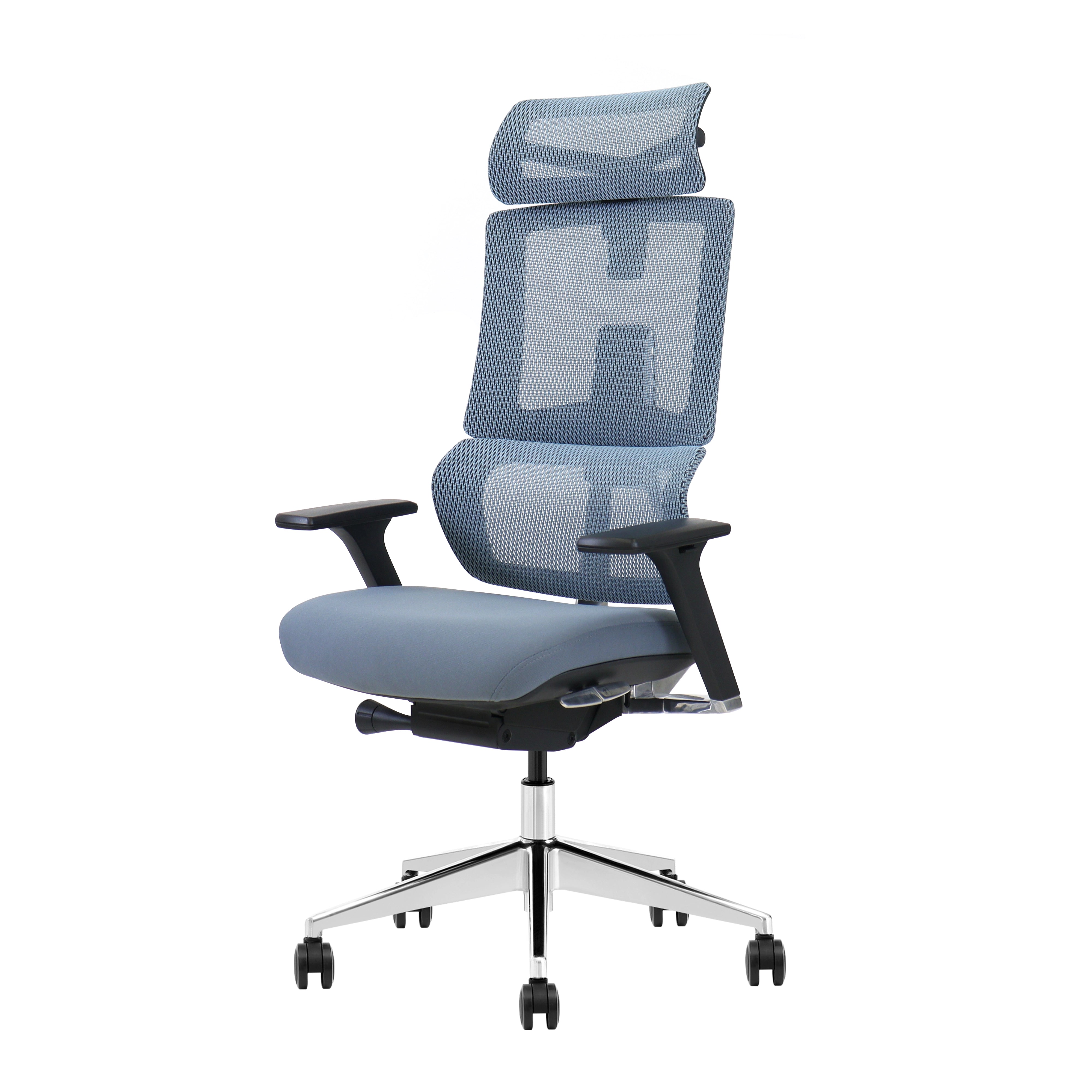Side-back view of AuraErgo X6 highlighting the adaptive split-back lumbar support system