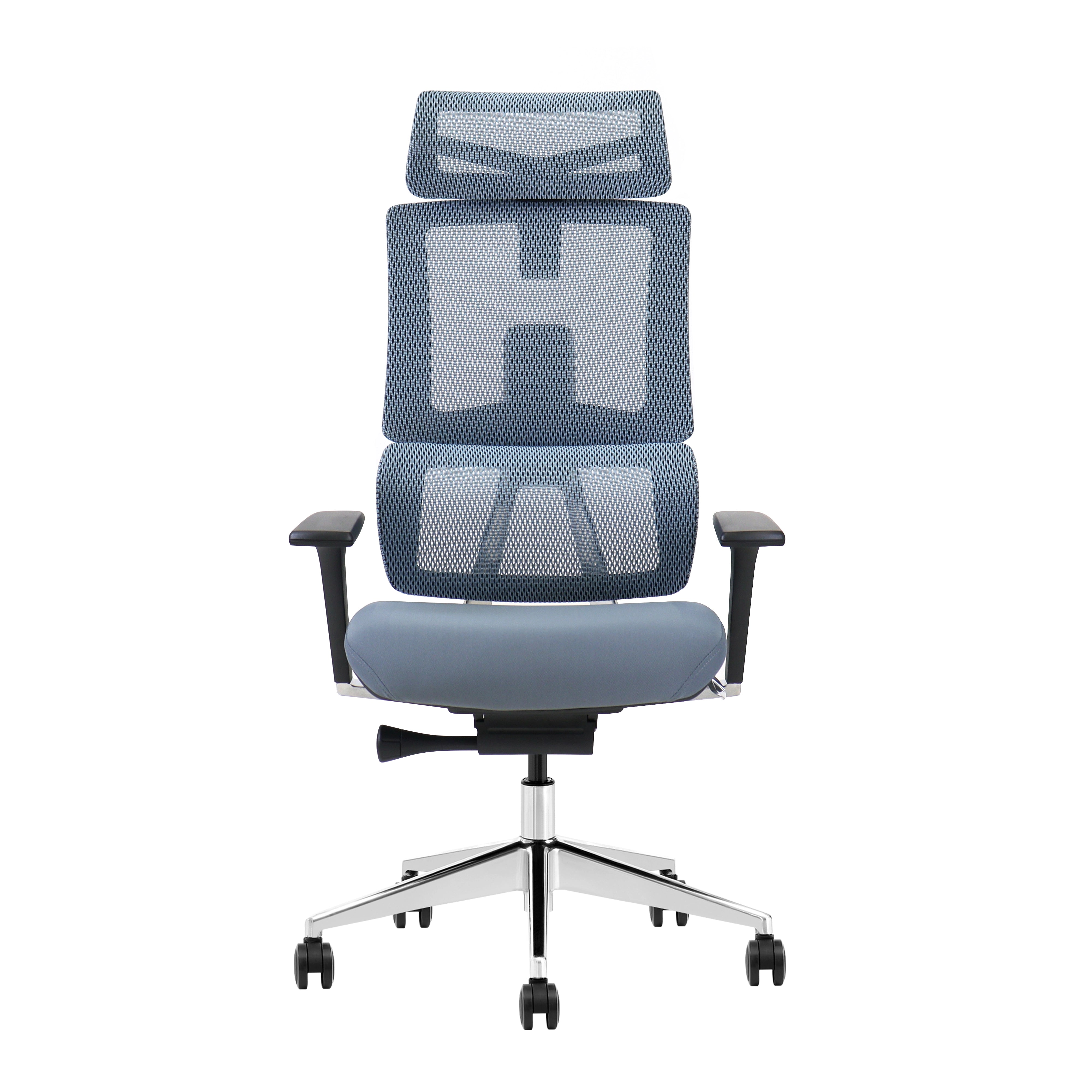 Front view of AuraErgo X6 executive chair featuring adjustable 3D headrest and NT mesh