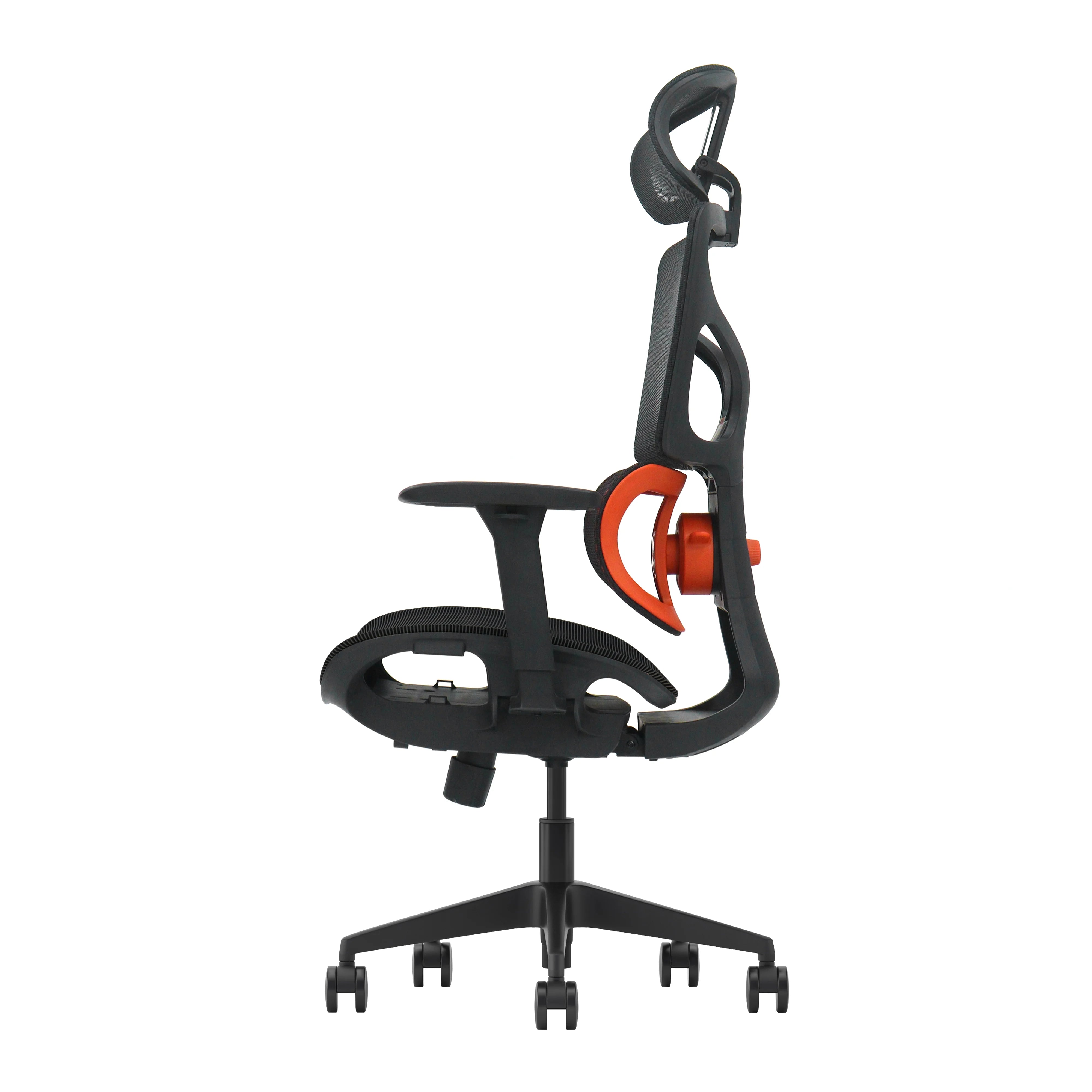 T5 adjustable lumbar support with orange accent and reclining mechanism